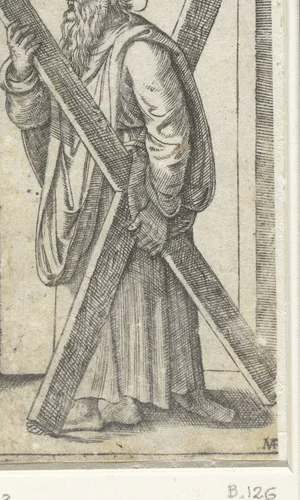 Apostel Andreas met kruis by Marcantonio Raimondi, print, 1517-1527