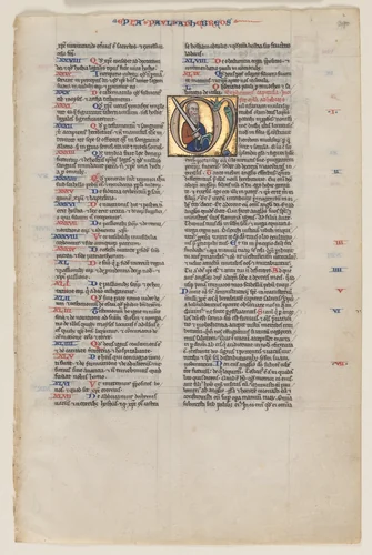 Leaf with Initial from a Latin Bible: Initial M: St. Paul with a Sword and a Book by Vienna Moralized Bible Workshop, manuscript, 1215-1225
