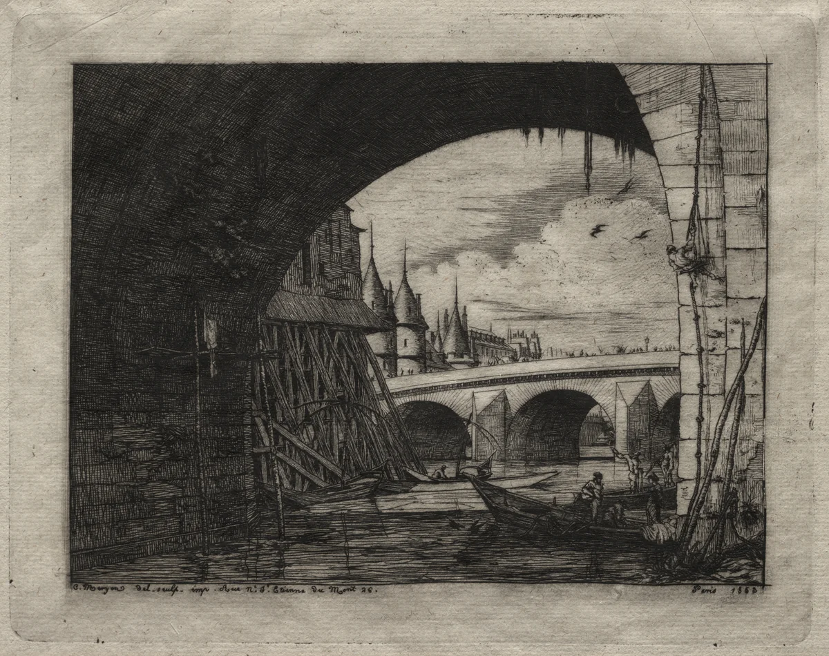 Etchings of Paris: An Arch of the Notre Dame Bridge by Charles Meryon, print, 1853