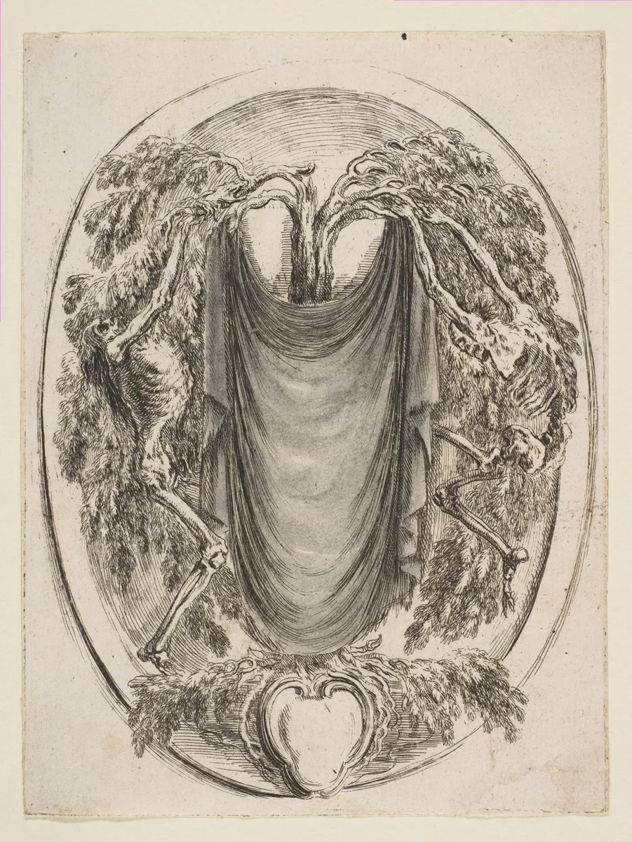 Cartouche with Skeletons by Stefano della Bella, print, 1647