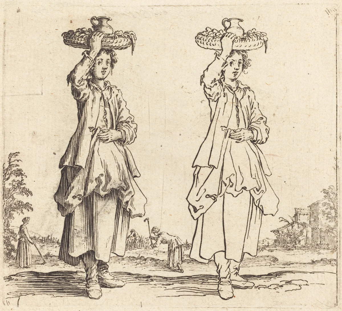 Peasant Woman with Basket on Head, Front View by Jacques Callot, print, 1621-1624