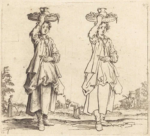 Peasant Woman with Basket on Head, Front View by Jacques Callot, print, 1621-1624