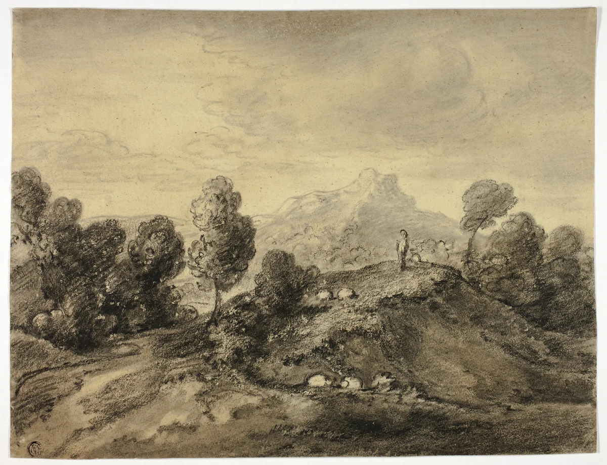Hilly Landscape with Shepherd and Flock by Thomas Gainsborough, drawing, 1747-1788