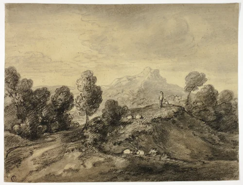 Hilly Landscape with Shepherd and Flock by Thomas Gainsborough, drawing, 1747-1788