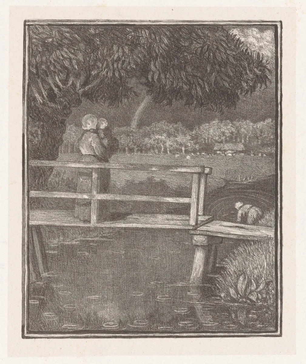 Vrouw met een kind op haar arm op een brug by Richard Nicolaüs Roland Holst, print, 1902