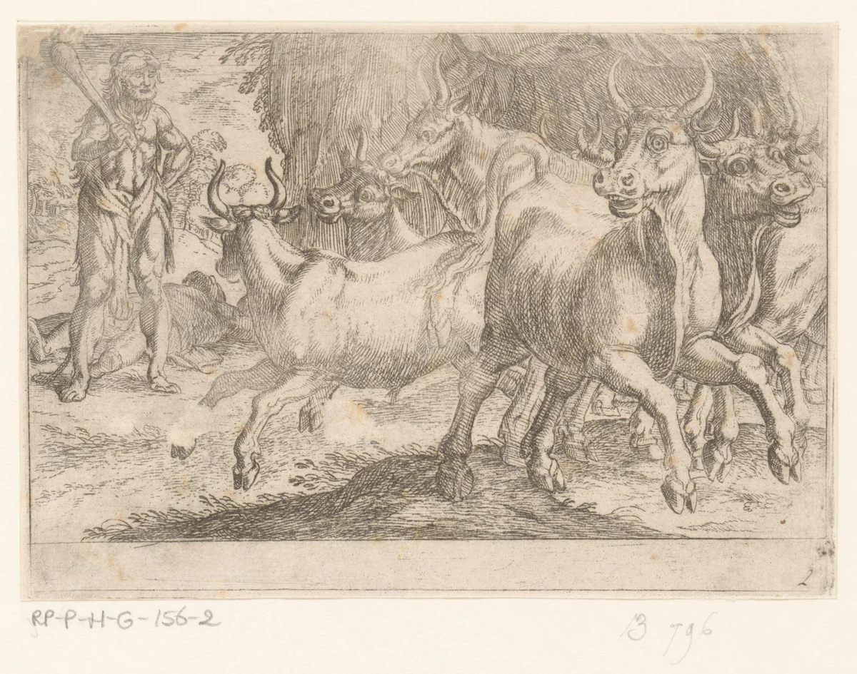 Hercules en de runderen van Geryon by Antonio Tempesta, print, 1608