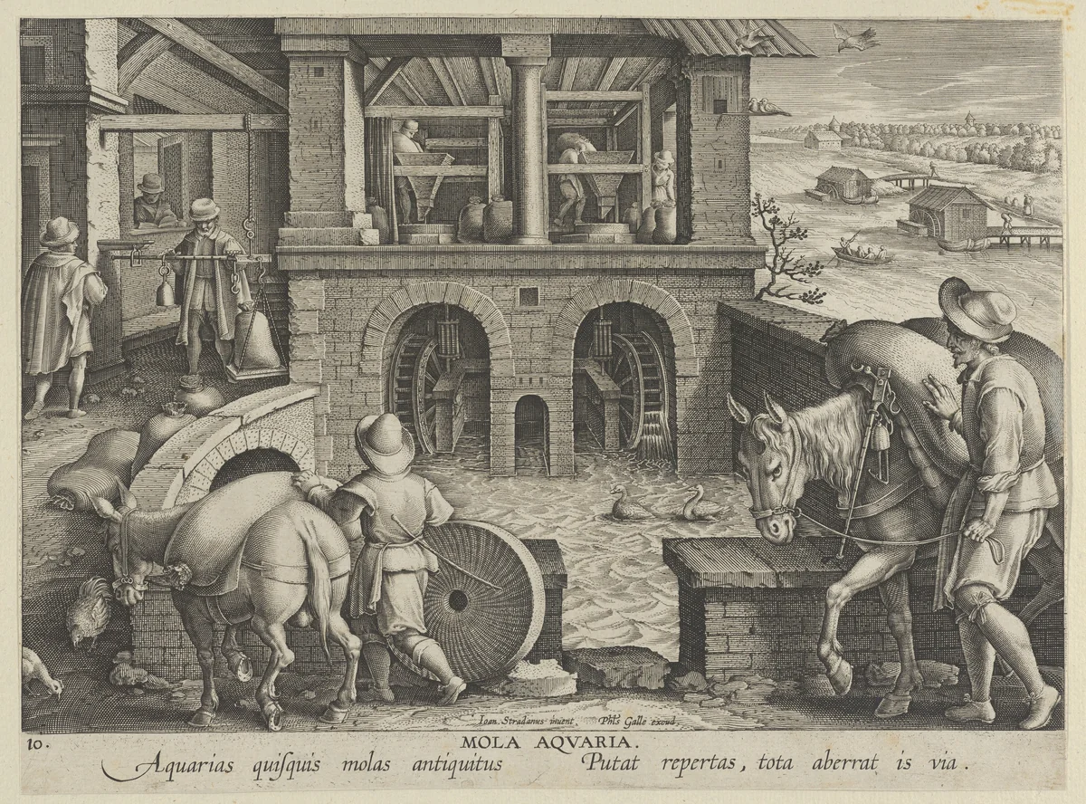 New Inventions of Modern Times [Nova Reperta], The Invention of the Watermill, plate 10 by Jan Collaert, print, 1595-1605