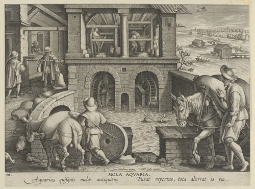 New Inventions of Modern Times [Nova Reperta], The Invention of the Watermill, plate 10 by Jan Collaert, print, 1595-1605