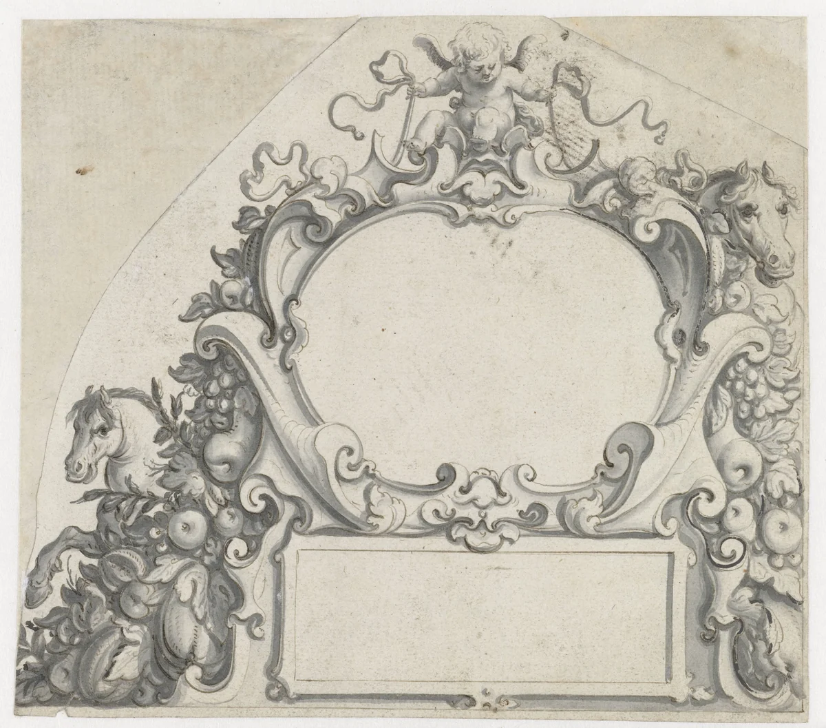 Twee cartouches met een putto bovenaan by Pieter Jansz, drawing, 1630-1672