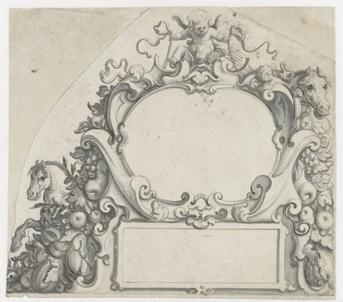 Twee cartouches met een putto bovenaan by Pieter Jansz, drawing, 1630-1672