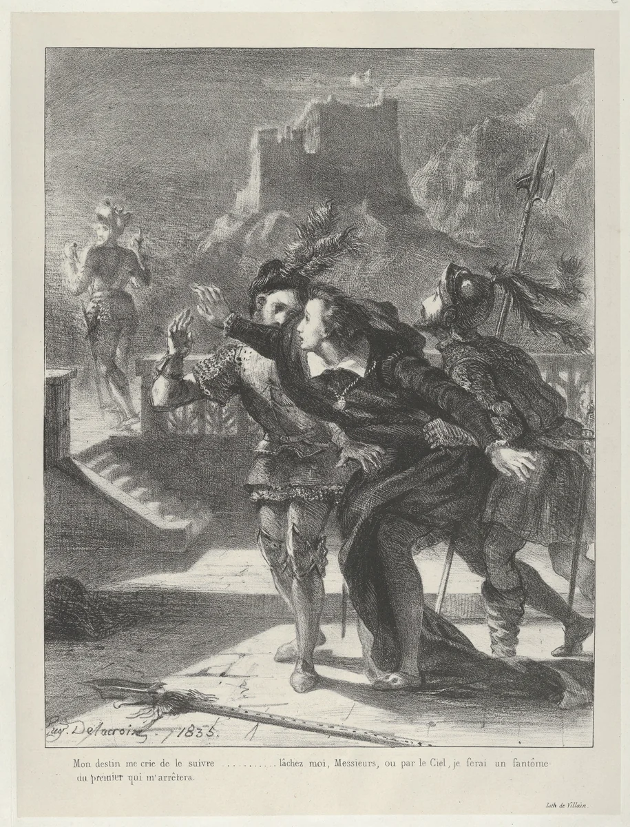 Hamlet Tries To Follow His Father's Ghost by Eugène Delacroix, print, 1835