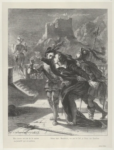 Hamlet Tries To Follow His Father's Ghost by Eugène Delacroix, print, 1835
