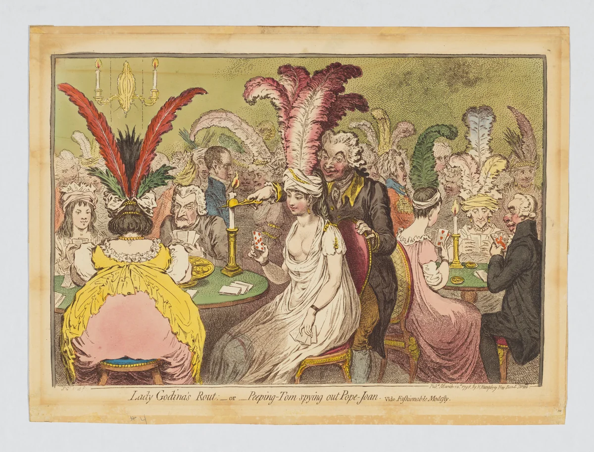 Lady Godina's Rout:–or– Peeping-Tom spying out Pope Joan, vide Fashionable Modesty by James Gillray, print, 1796