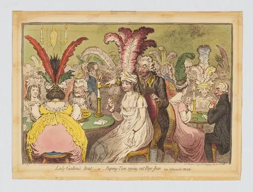 Lady Godina's Rout:–or– Peeping-Tom spying out Pope Joan, vide Fashionable Modesty by James Gillray, print, 1796