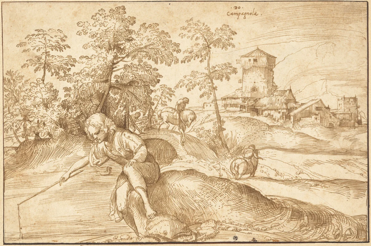 Landscape with a Boy Fishing by Domenico Campagnola, drawing, 1511-1521