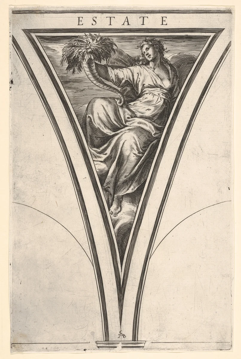 Summer (Estate), represented as a robed woman bearing a horn of plenty, a spandrel-shaped composition from "The Four Seasons" by Cherubino Alberti, print, 1570-1615