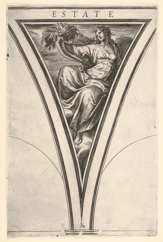 Summer (Estate), represented as a robed woman bearing a horn of plenty, a spandrel-shaped composition from "The Four Seasons" by Cherubino Alberti, print, 1570-1615