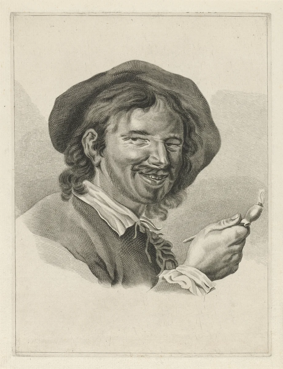 Lachende man met pijp by Pieter de Mare, print, 1768-1796