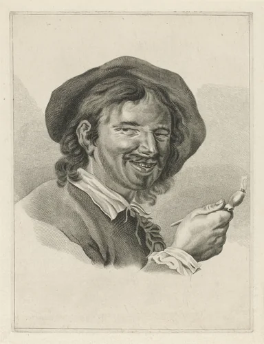 Lachende man met pijp by Pieter de Mare, print, 1768-1796