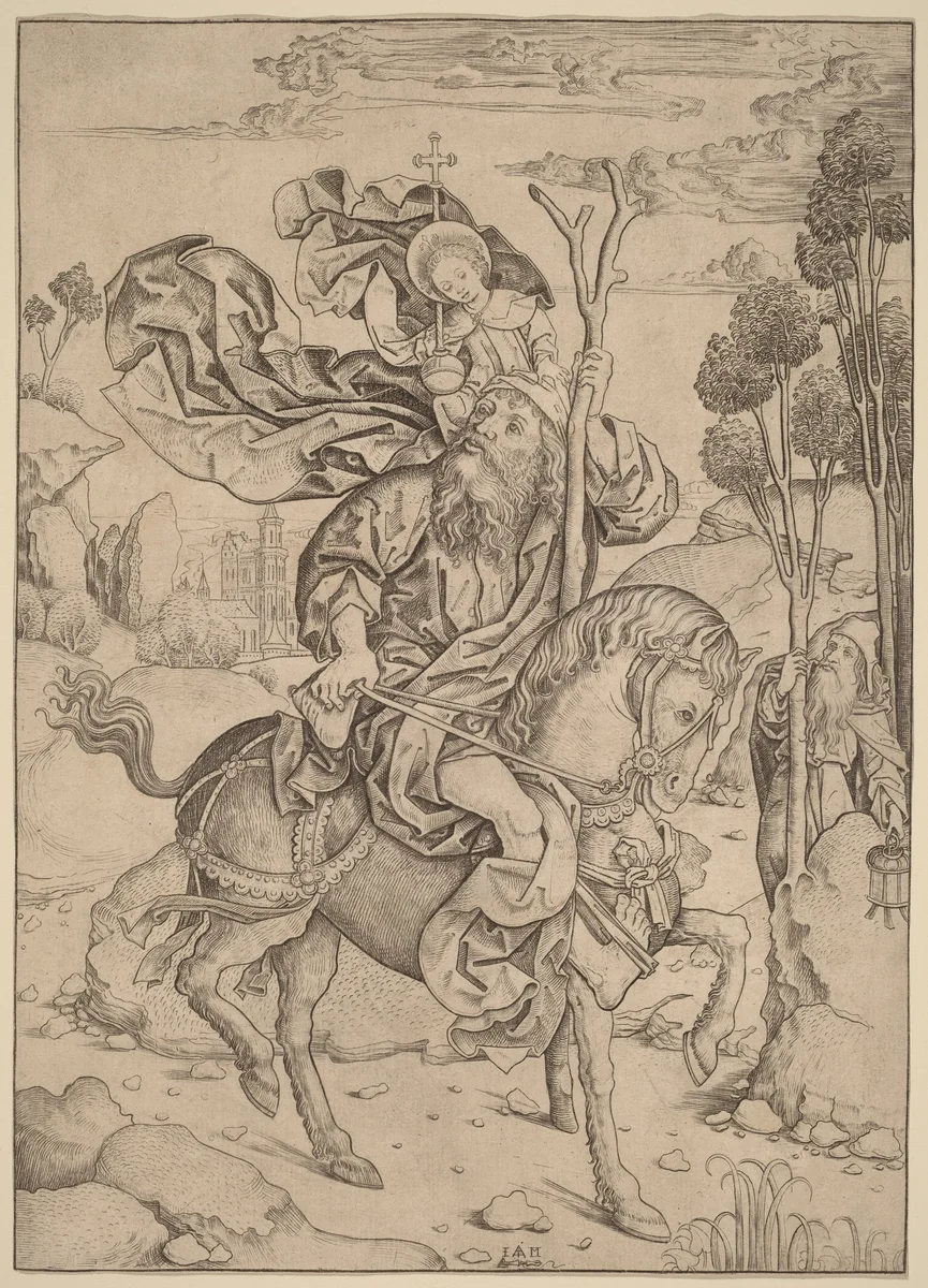 Saint Christopher on Horseback by Master I.A.M., print, 1490