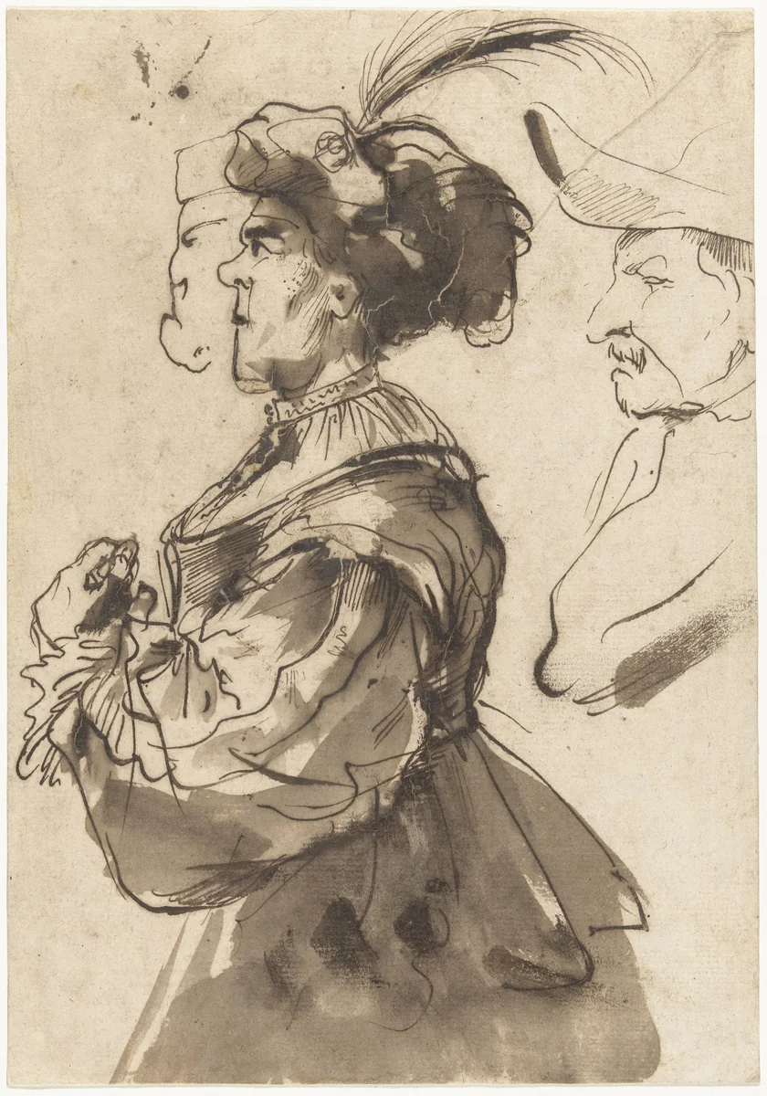 Karikatuur van een oude, opgedirkte vrouw by Pier Francesco Mola, drawing, 1622-1666