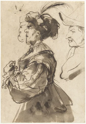 Karikatuur van een oude, opgedirkte vrouw by Pier Francesco Mola, drawing, 1622-1666
