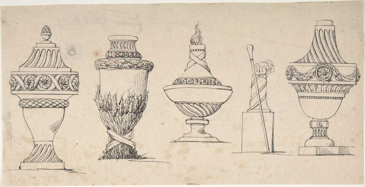Studies for four urns with a walking stick and hat by anonymous, drawing, 1700-1800