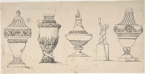 Studies for four urns with a walking stick and hat by anonymous, drawing, 1700-1800