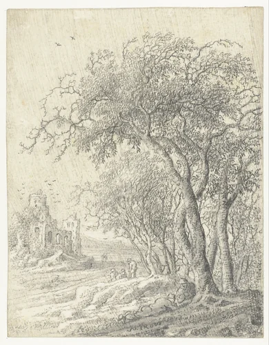 Landscape with Trees and a Ruin by Anthonie Jansz. van der Croos, drawing, 1650-1655
