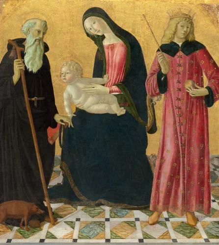 Madonna and Child with Saint Anthony Abbot and Saint Sigismund by Neroccio de' Landi, painting, 1490-1495