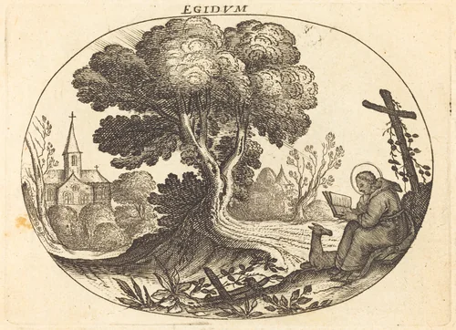 Saint Egidius and a Doe by Balthasar Moncornet, print, 1600-1668
