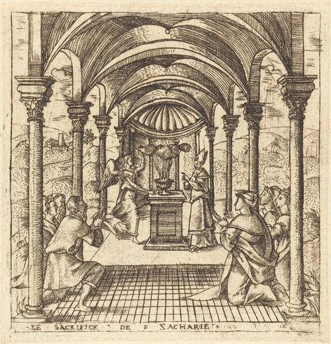 Zacharias and the Angel of the Lord by Léonard Gaultier, print, 1576-1580