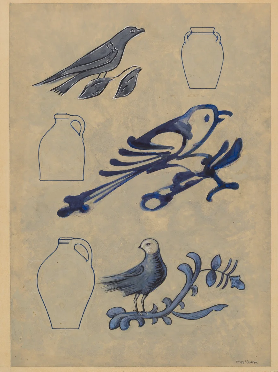 Bird Decorations on Stoneware Crock by Charles Caseau, index of american design, 1935-1942