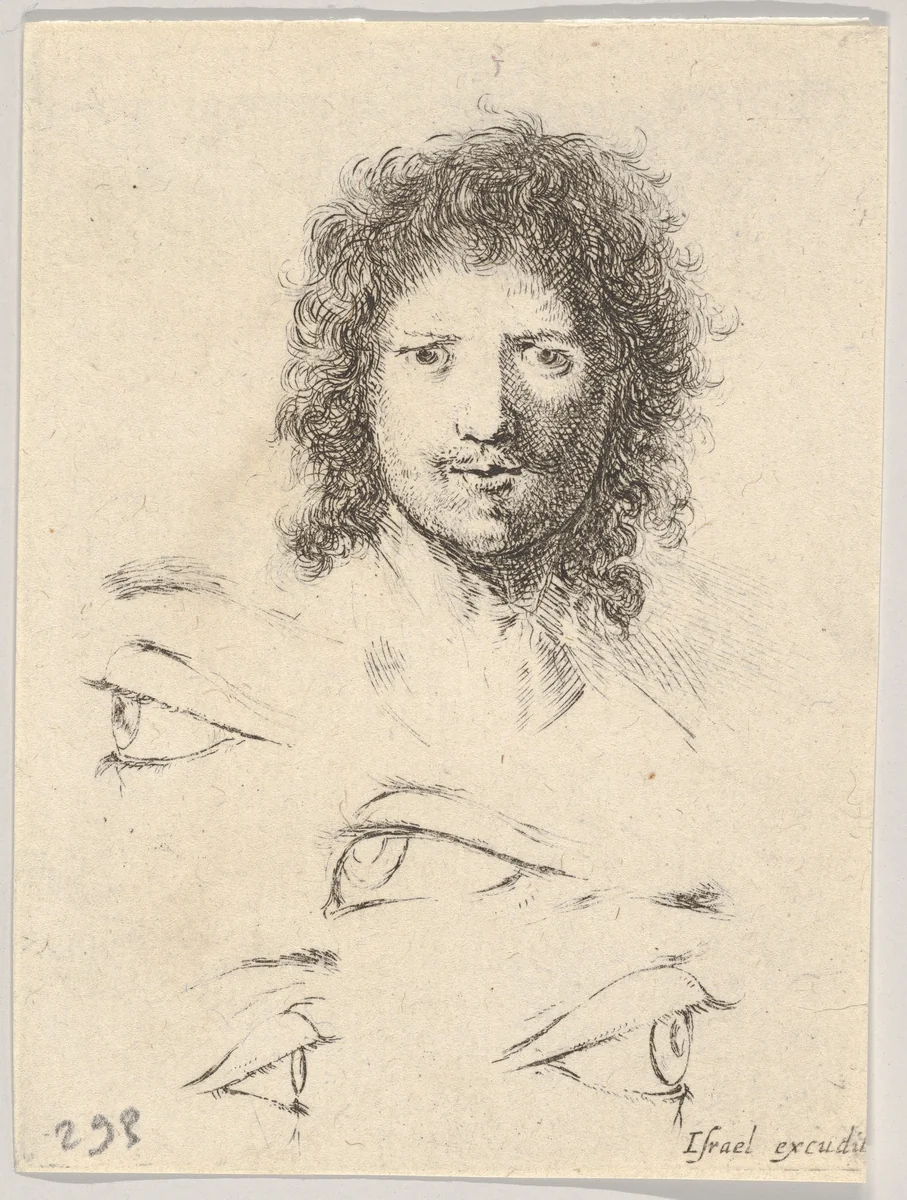Plate 2: At top, the head of a young man, frontal view, at bottom, four eyes, from "The Book for Learning to Draw" (Livre pour apprendre à dessiner) by Stefano della Bella, print, 1647-1652