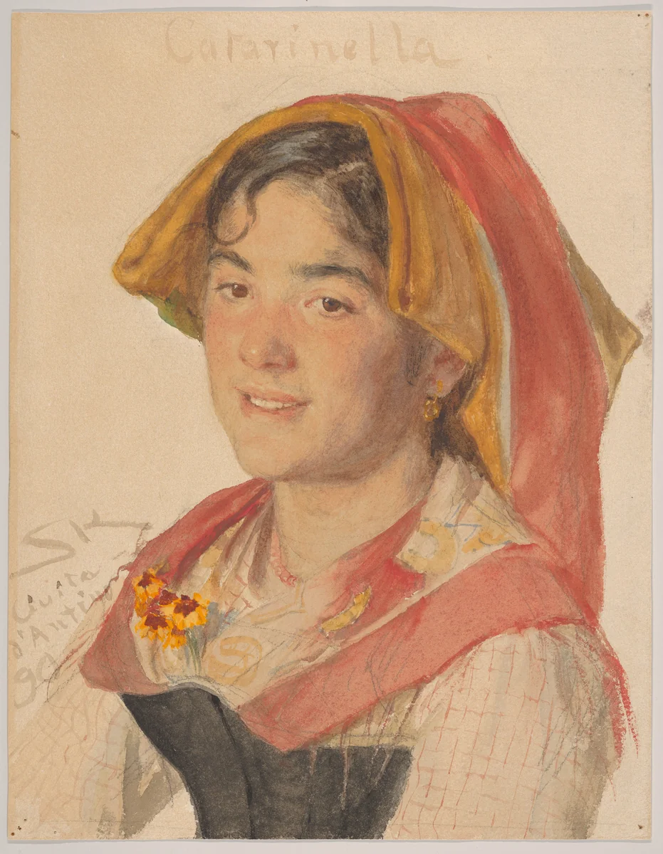 Head of an Girl from Civita d'Antino in Regional Dress ("Catarinella") by Peder Severin Krøyer, drawing, 1890