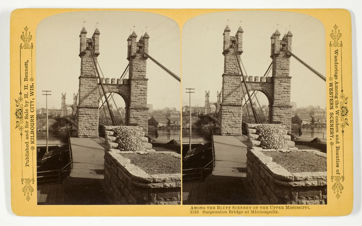 Suspension Bridge at Minneapolis, No. 1519 from the series "Among the Bluff Scenery of the Upper Mississippi" by Henry Hamilton Bennett, photograph, 1870-1908