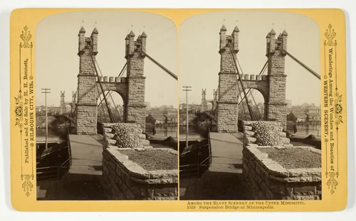 Suspension Bridge at Minneapolis, No. 1519 from the series "Among the Bluff Scenery of the Upper Mississippi" by Henry Hamilton Bennett, photograph, 1870-1908