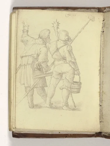 Twee staande romeinse soldaten, op de rug gezien by anonymous, drawing, 1586