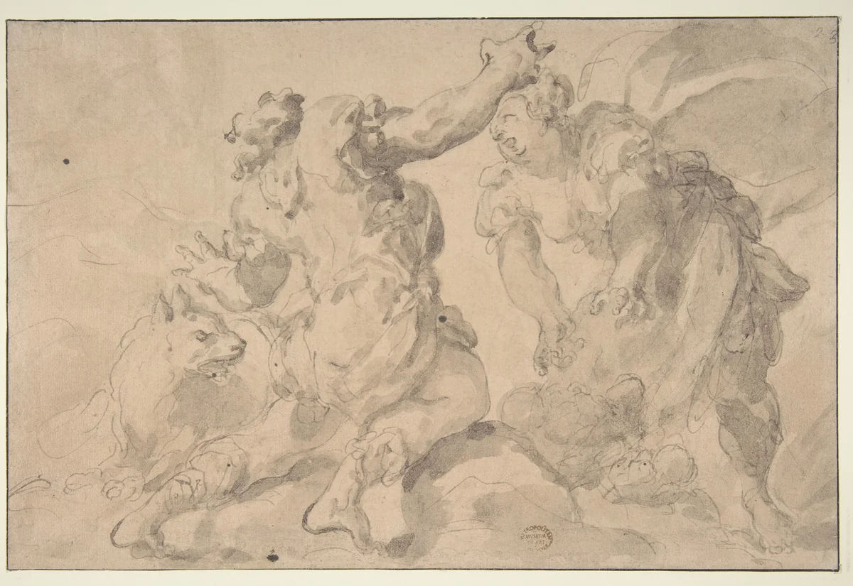 The Discovery of Romulus and Remus (recto); Three Ancient Soldiers (verso) by Paolo Pagani, drawing, 1690-1700