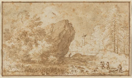Landscape with Large Rock by Allart van Everdingen, drawing, 1621-1675