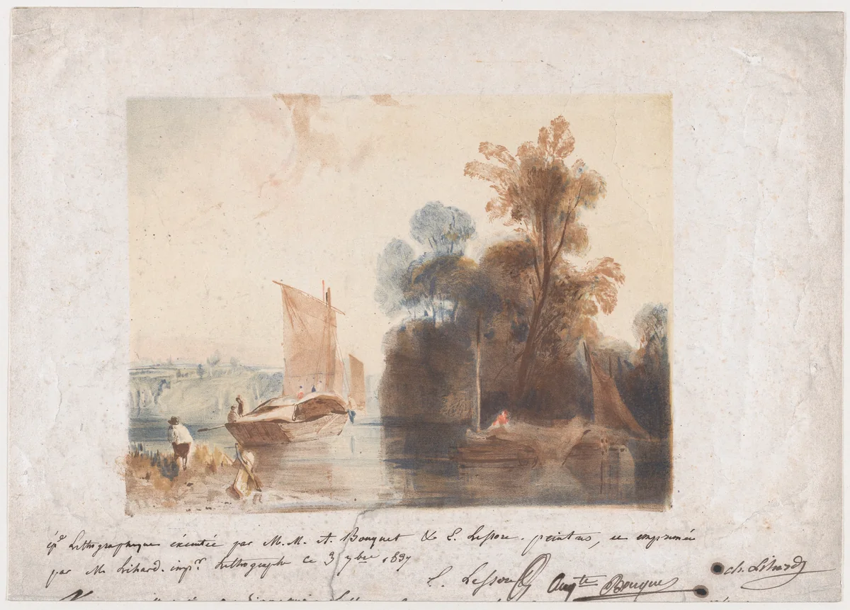 Landscape with River and Boats by Auguste Bouquet, print, 1837