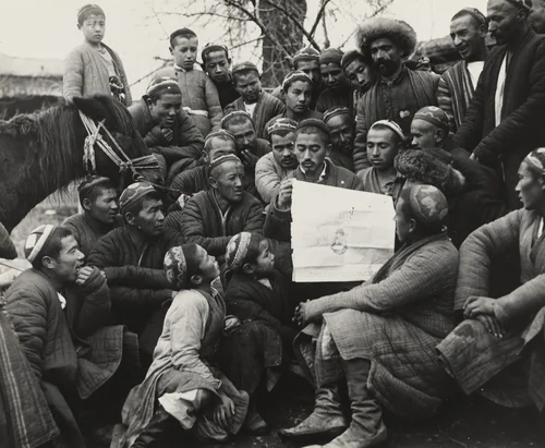 Peasants Discussing News. Literacy Campaign, Uzbekistan by Georgi Zelma, photograph, 1927