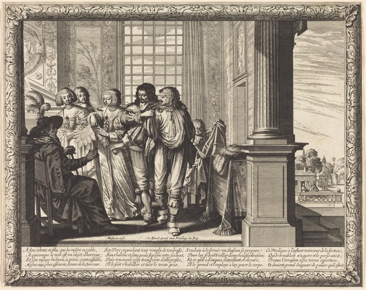 The Prodigal Son's Father Orders the Best Robe and the Slaughter of the Fatted Calf by Abraham Bosse, print, 1602-1676