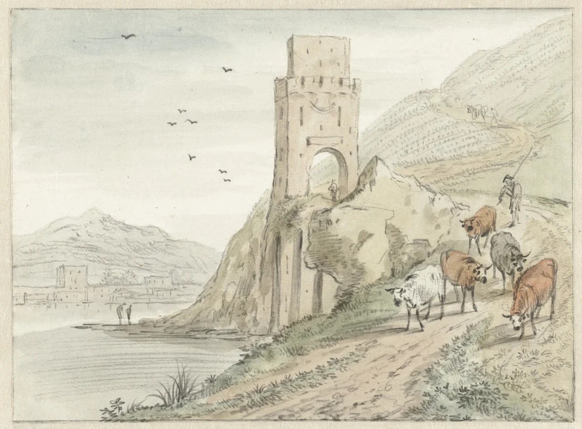 Italianate River Landscape with Mountains and a Gate Tower by Hendrik van der Straaten, drawing, 1685-1689