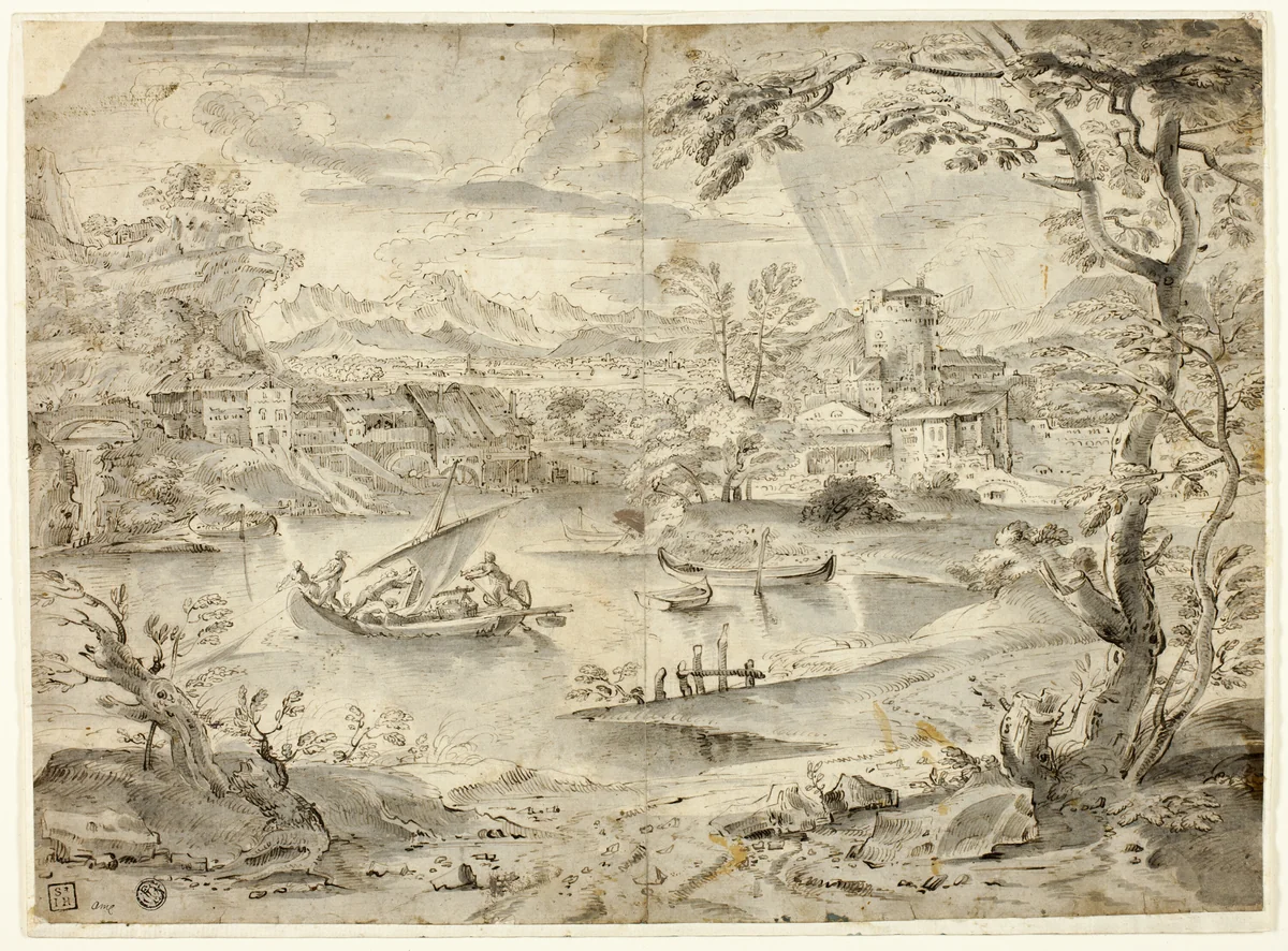 View of City with Fishing Boat in Foreground by Paul Bril, drawing, 1500-1699