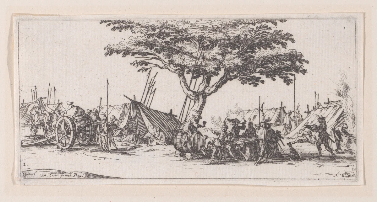 Le Campement (The Camp), plate 1 from "Les Petites Misères de la Guerre" (The Little Miseries of War) by Jacques Callot, print, 1636