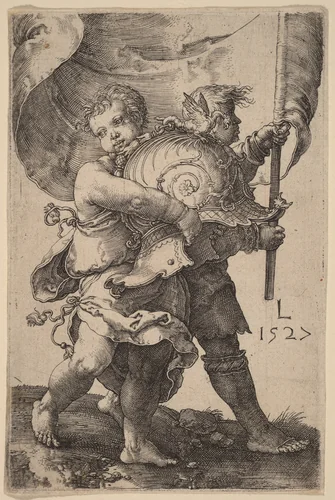 Two Boys with a Helmet and a Standard by Lucas van Leyden, print, 1527