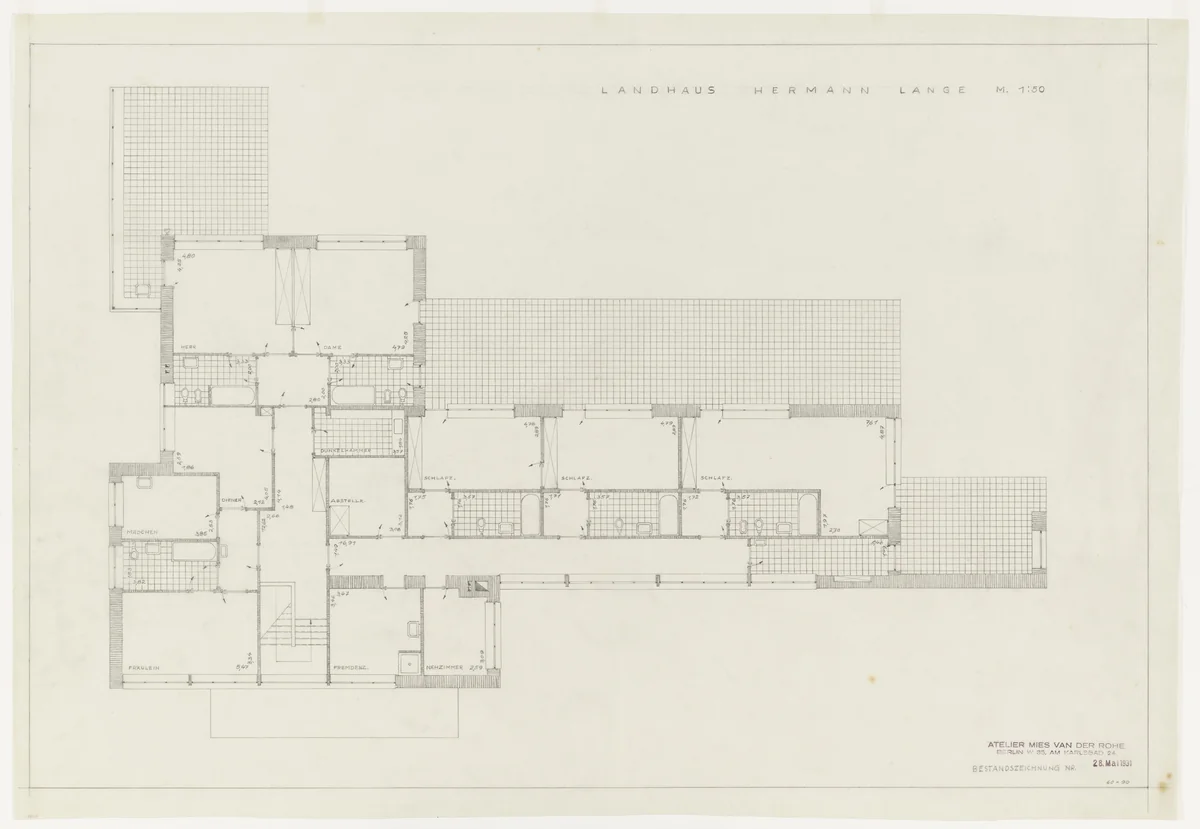 Hermann Lange House, Krefeld, Germany, Plan by Ludwig Mies van der Rohe, mies van der rohe archive, 1927
