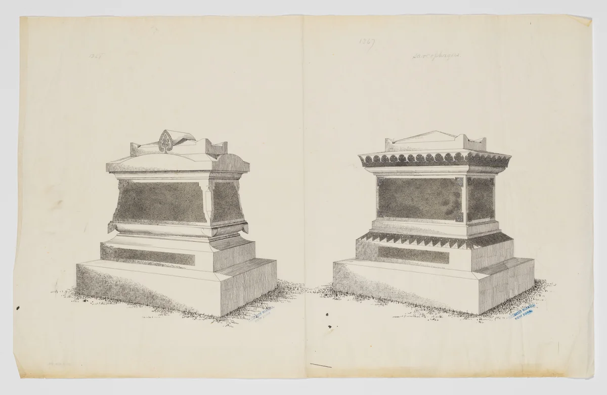 Two Sarcophagus Designs, Nos. 1368 and 1367 by Alexander Maxwell, drawing, 1840-1880
