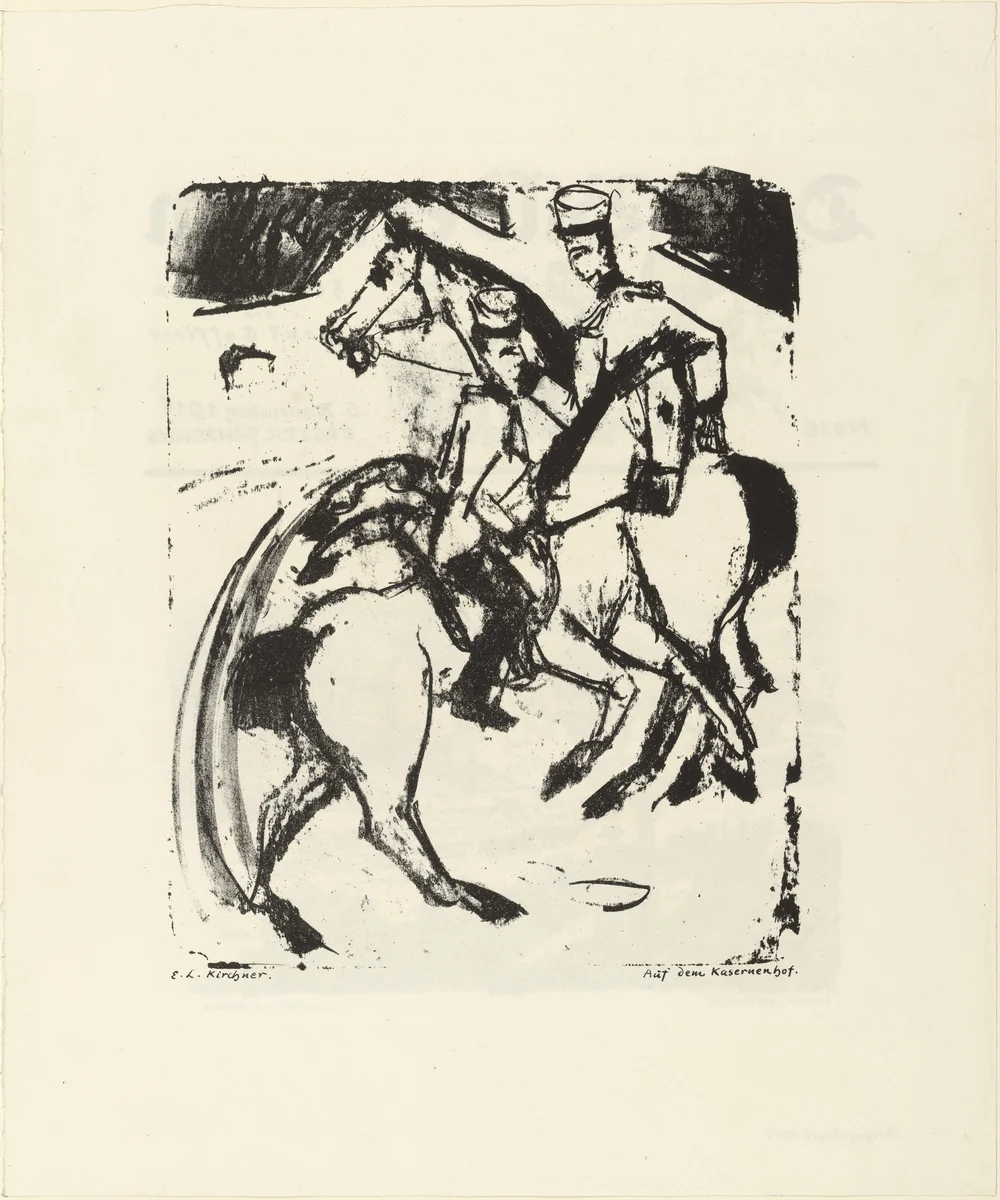 In the Barracks Yard (Auf dem Kasernenhof) from the periodical Der Bildermann , no. 15 (November 5, 1916) (recto); Landscape by the Neckar River (Landschaft am Neckar) from the periodical Der Bildermann, no. 15 (November 5, 1916) (verso) by Ernst Ludwig Kirchner, print, 1916